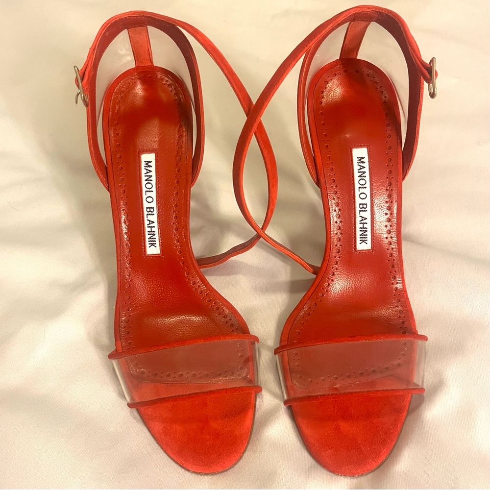 New! Manolo Blahnik Red Strappy Suede Heels - Size 37.5 - Picture 3 of 10